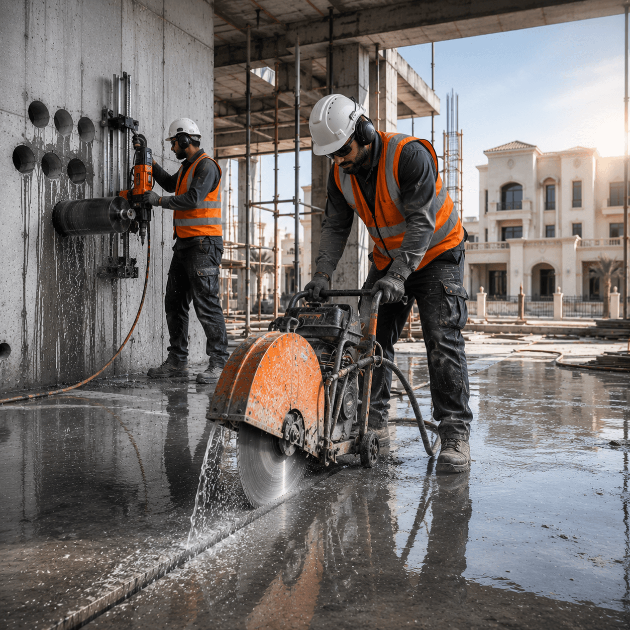 Professional concrete cutting on a construction site
