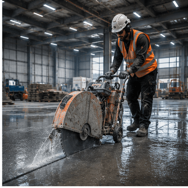 Slab cutting machine in operation