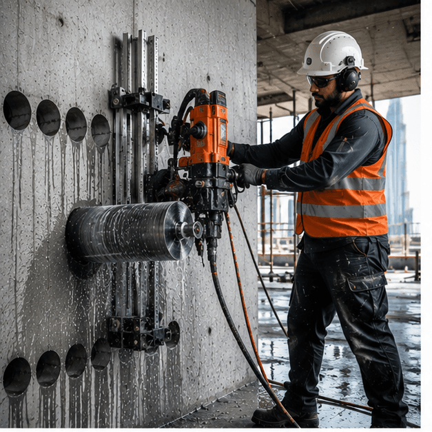 Core drilling on a concrete wall